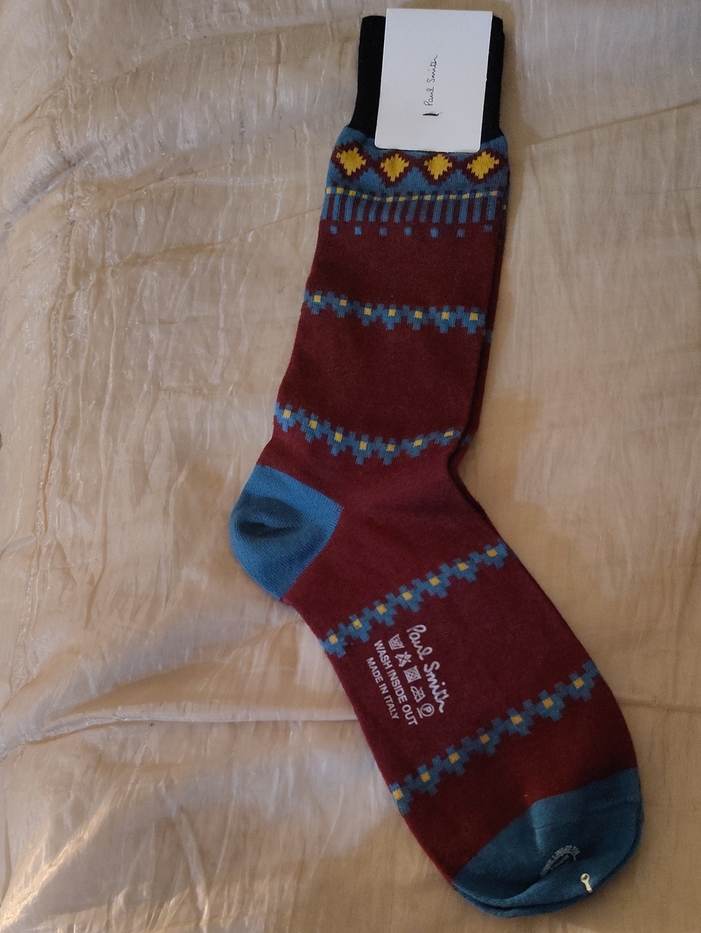 NWT Paul Smith Men's Crew Socks Burgundy Fair Isle Aztec Pattern Made In Italy